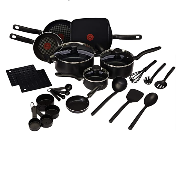 T-fal Initiatives Nonstick 20 Piece Pots And Pans Cookware Set, Black