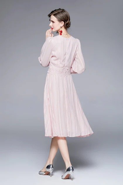 Pink Evening A-line Squareneck Long Sleeve Knee Buttoned Dress