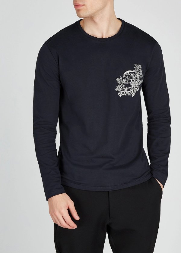 Navy skull-embroidered cotton top