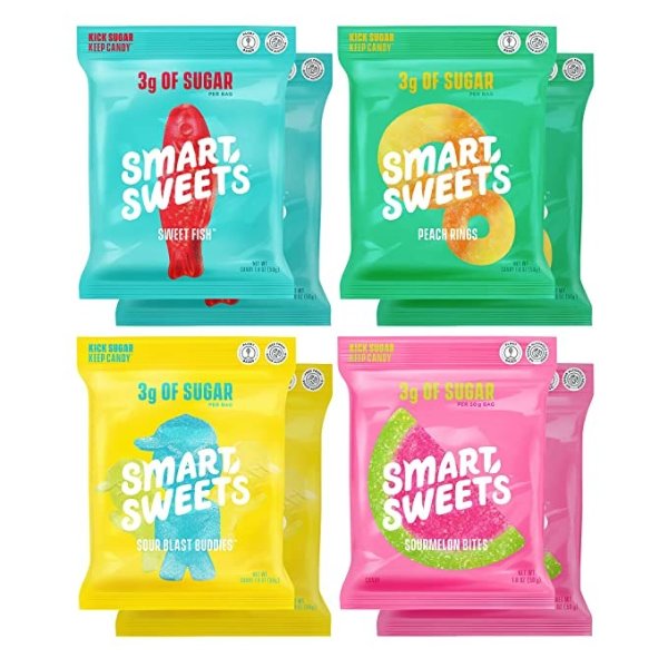 Variety Pack, Candy With Low Sugar & Calorie, Healthy Snacks For Kids & Adults - Sweet Fish, Sourmelon Bites, Peach Rings, Sour Blast Buddies, 1.8oz (Pack of 8)