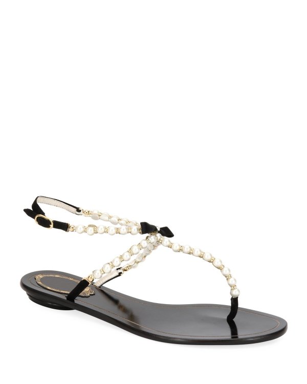 Pearly Beaded Flat Thong Sandals