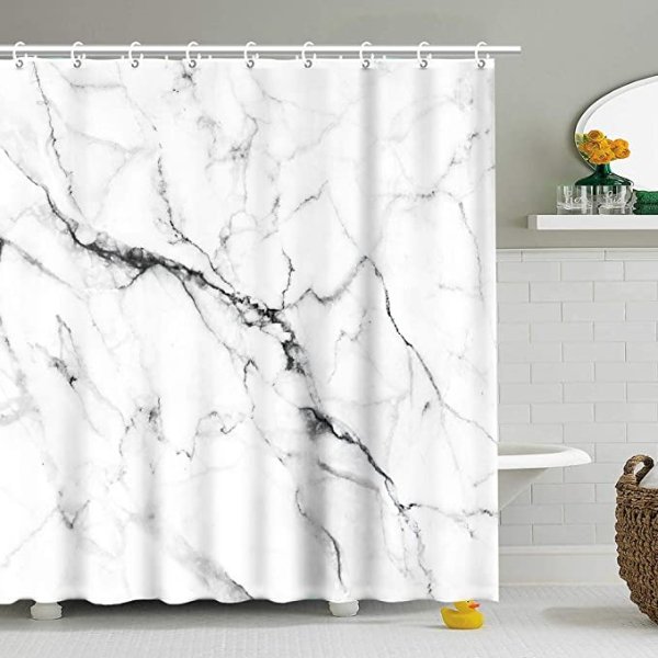 Stacy Fay White Marble Shower Curtain with 12 Hooks, White and Grey 3D Crack Design Shower Curtains Set, Waterproof Fabric Bathroom Curtain, Decorative Bathroom Accessories 72x72 Inch