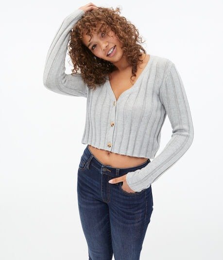 Ribbed Button-Front Cropped V-Neck Cardigan