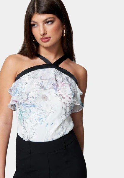 Contrast Halter Printed Ruffle Woven Top