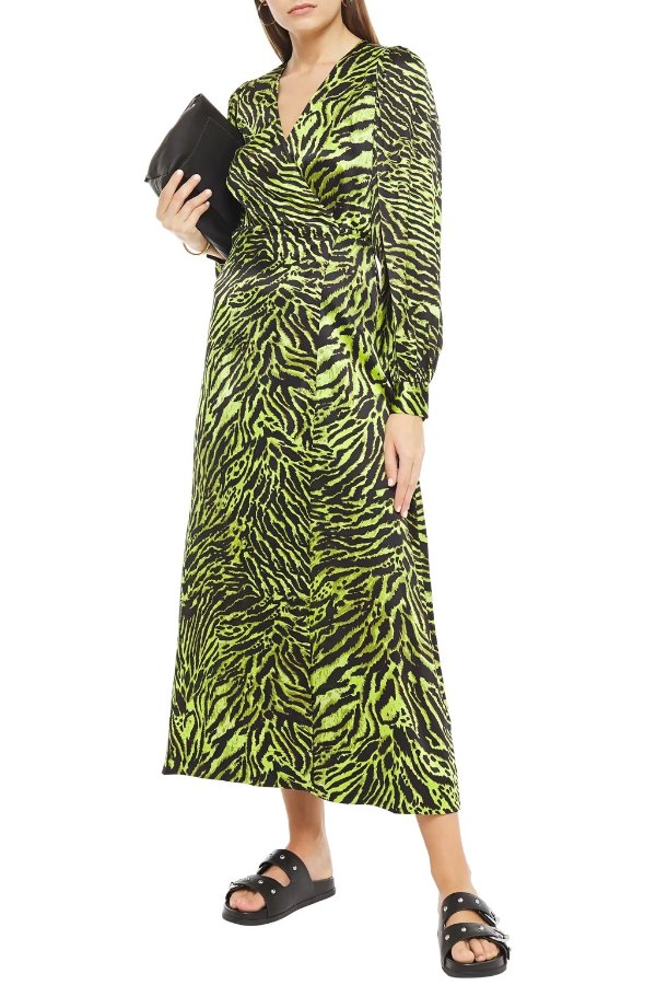 Tiger-print silk-blend satin midi wrap dress