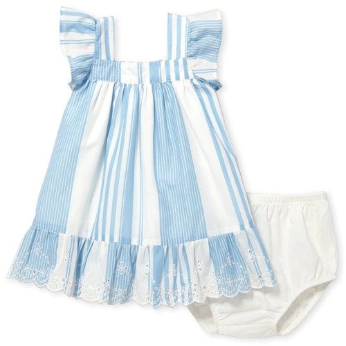 Baby Girls Short Flutter Sleeve Eyelet Striped Woven Dress And Bloomers Set