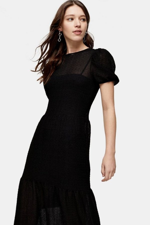 Black Textured Lace Midi Dress