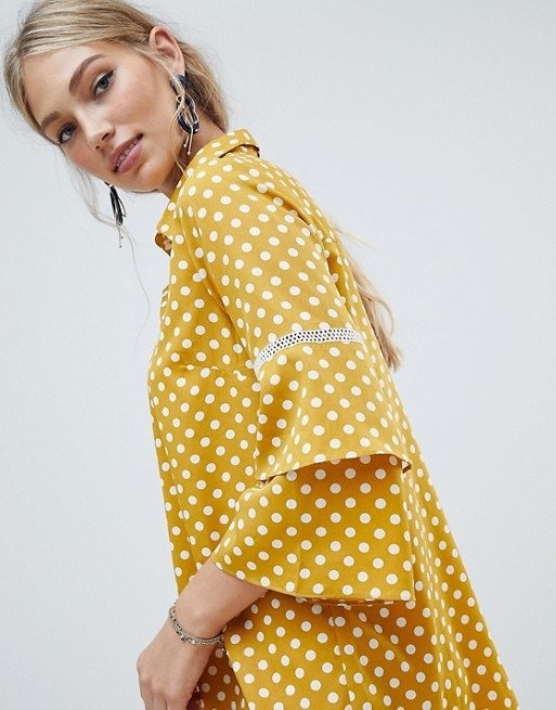 Vero Moda polka dot shirt dress with fluted sleeve at asos.com