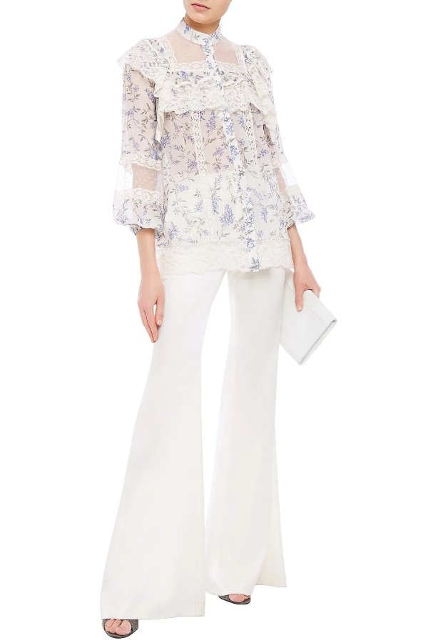 Lace and point d'esprit-trimmed floral-print crepe de chine blouse