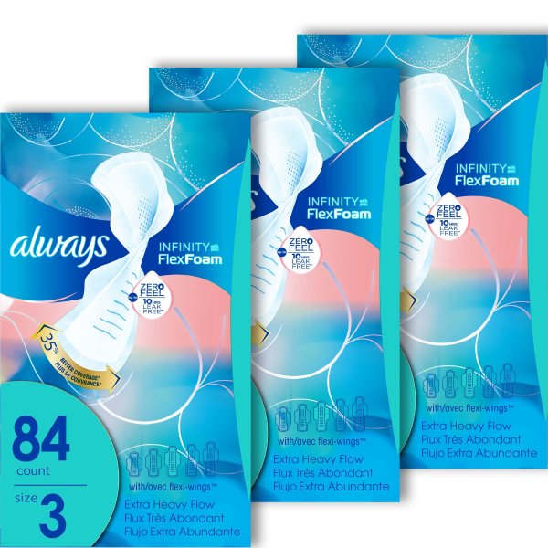 Infinity Extra Heavy Absorbency Pads with Wings, Unscented, Size 3, 84 Ct