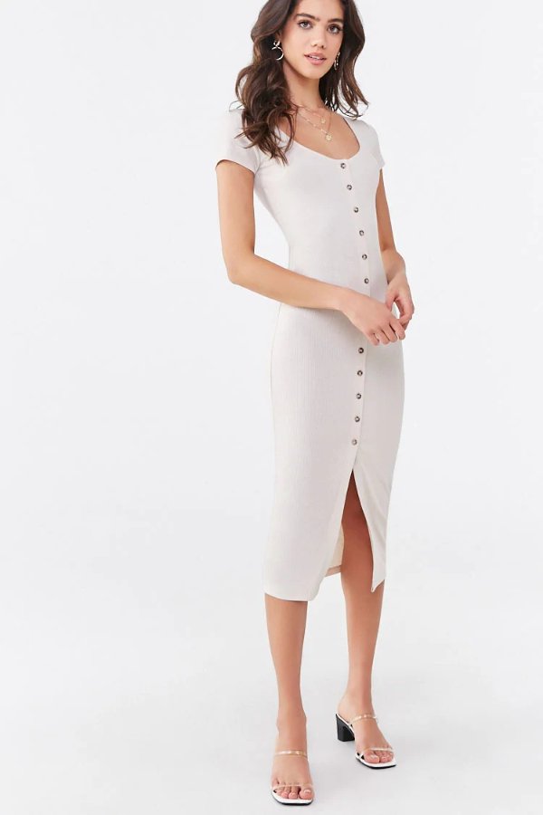Ribbed Button-Front Midi Dress