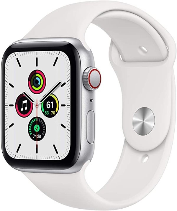 New Apple Watch SE (GPS + Cellular, 44mm) - Silver Aluminum Case with White Sport Band