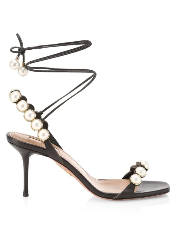- Mae Faux Pearl-Embellished Lace-Up Leather Sandals