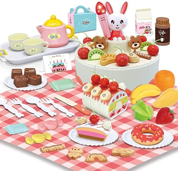 DIY Cake Toys, Educational Food Pretend Play Toy with Light and Music, Funny Cutting Toys Set 88 Pcs with Outdoors Table Picnic Cloth, Great Gifts for Kids 3 Years and up
