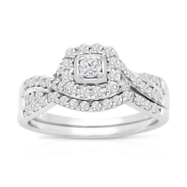 1/2 Carat Halo Diamond Bridal Set in New Fantastic 1.4 Karat White Gold™