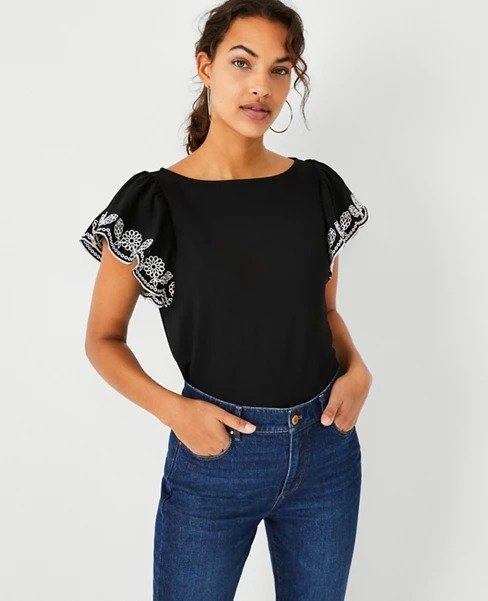 Embroidered Flutter Sleeve Top | Ann Taylor