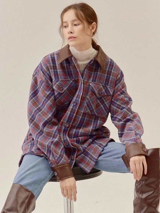 ECO-LEATHER TRIMMED CHECKED BLOUSE_Dark Violet