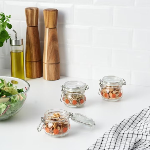 KORKEN Jar with lid, clear glass patterned/bright orange, 4 oz
