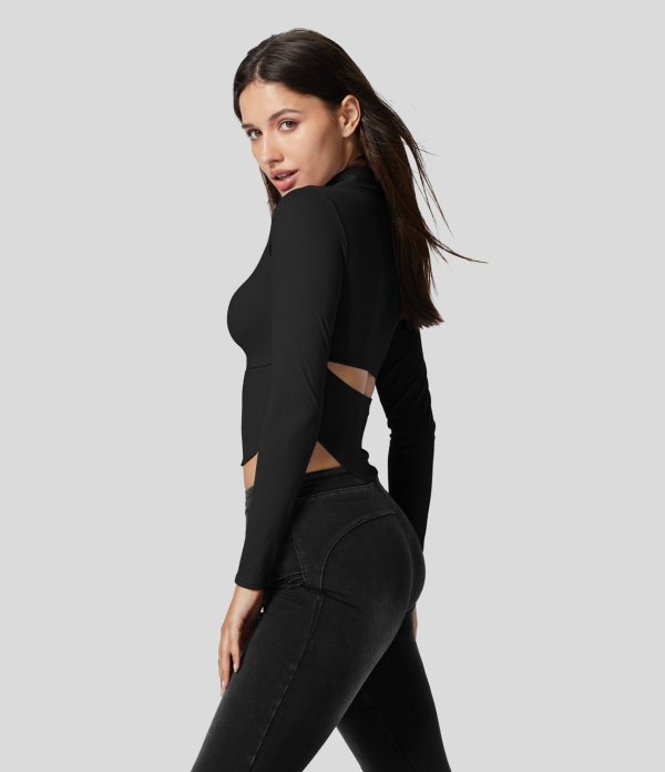 Women’s Softlyzero™ Airy Collared V Neck Cut Out Curved Hem Slim Cropped Cool Touch Yoga Sports Top - Halara