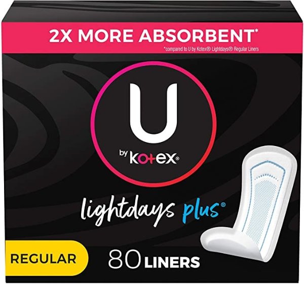 U by Kotex Lightdays Plus Panty Liners, Regular Length, Unscented, 80 Count