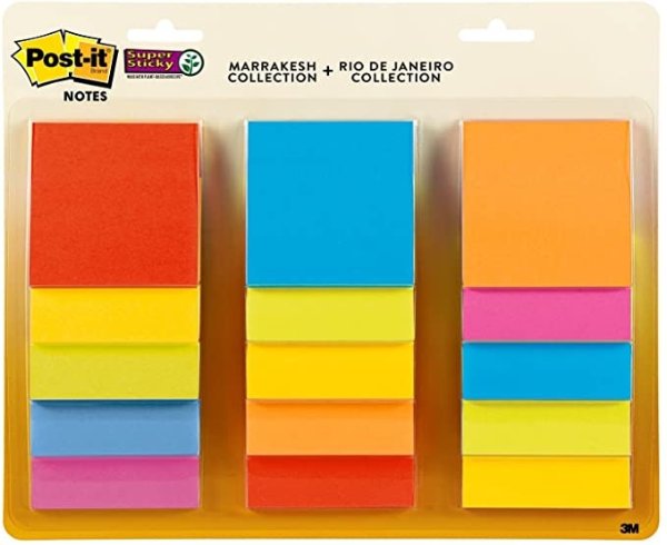 -it Super Sticky Notes, 3x3 in, 15 Pads, 2x the Sticking Power, Marrakesh and Rio de Janeiro Collection, Bright Primary Colors, Recyclable (654-15SSMULTI)
