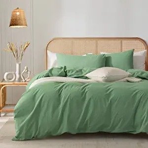 King Duvet Cover Set - 100% Washed Cotton Super Soft Shabby Chic Durable 3 Pieces Home Bedding Set with Zipper Closure, Green 104x90 inches
