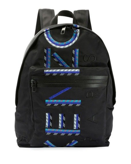 Men's Solid Nylon Backpack with Logo Embroidery