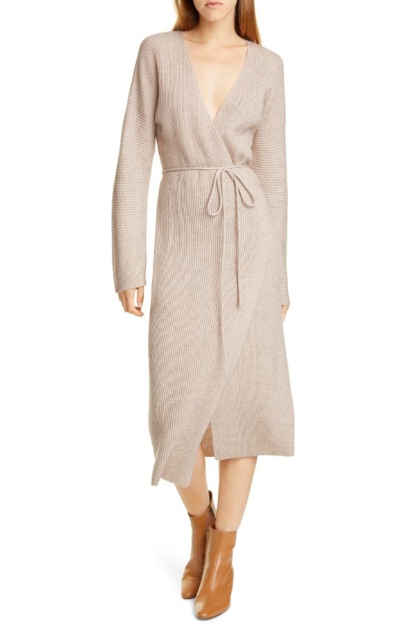 Ribbed Wrap Long Sleeve Wool & Cashmere Midi Dress