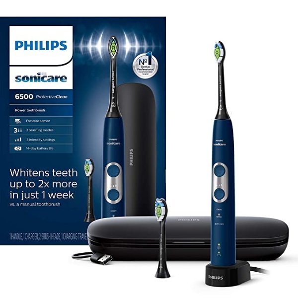 Sonicare ProtectiveClean 6500 Rechargeable Electric Toothbrush with Charging Travel Case and Extra Brush Head, Navy HX6462/07