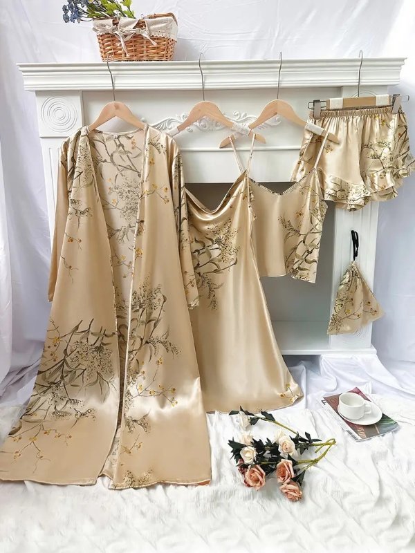 4pcs Floral Print Pajamas Set, Long Sleeve Robe + Cami Dress + Cami Top + Ruffle Hem Shorts, Women's Loungewear & Sleepwear