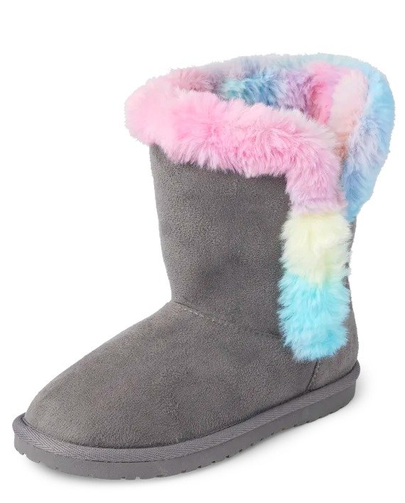 Girls Rainbow Faux Fur Chalet Boots - grey
