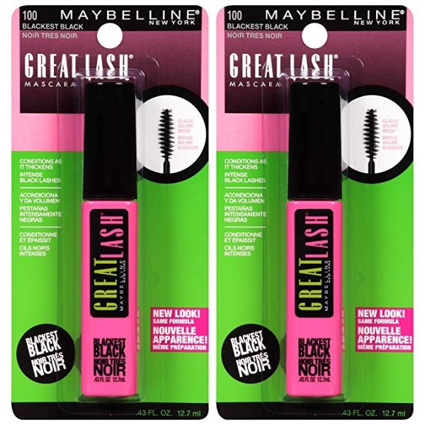 Maybelline New York Great Lash Washable Mascara Makeup, Blackest Black, 2 Count