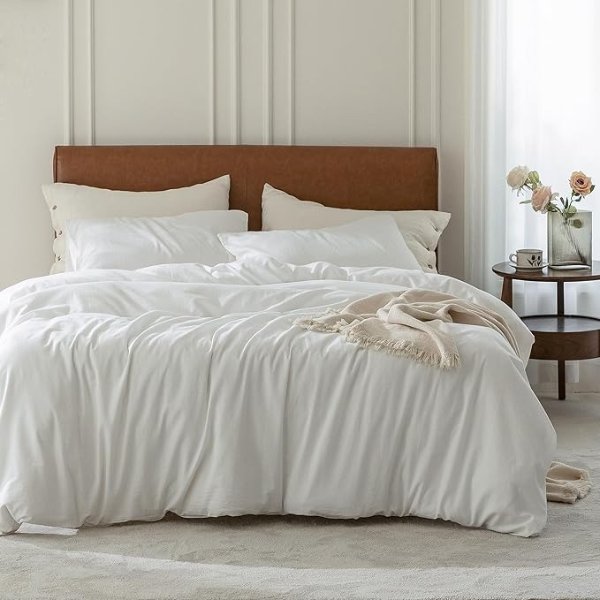 Duvet Cover Set 100% Washed Cotton 3 Pieces Bedding Set Twill Soft Cozy Breathable Sturdy Substantial with Textured Weave Solid Bright White Full/Double