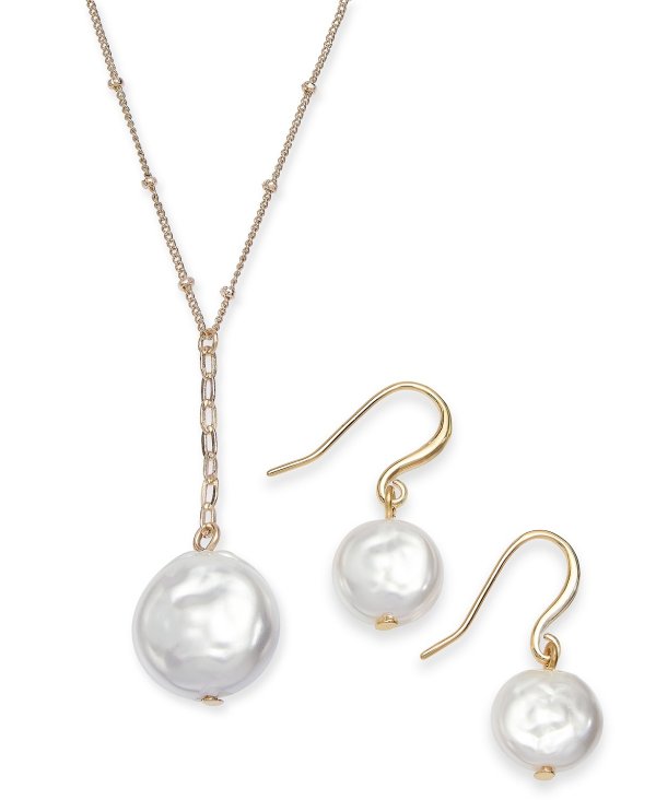 Gold-Tone 2-Pc. Set Imitation Pearl Pendant Necklace & Matching Drop Earrings, Created for Macy's