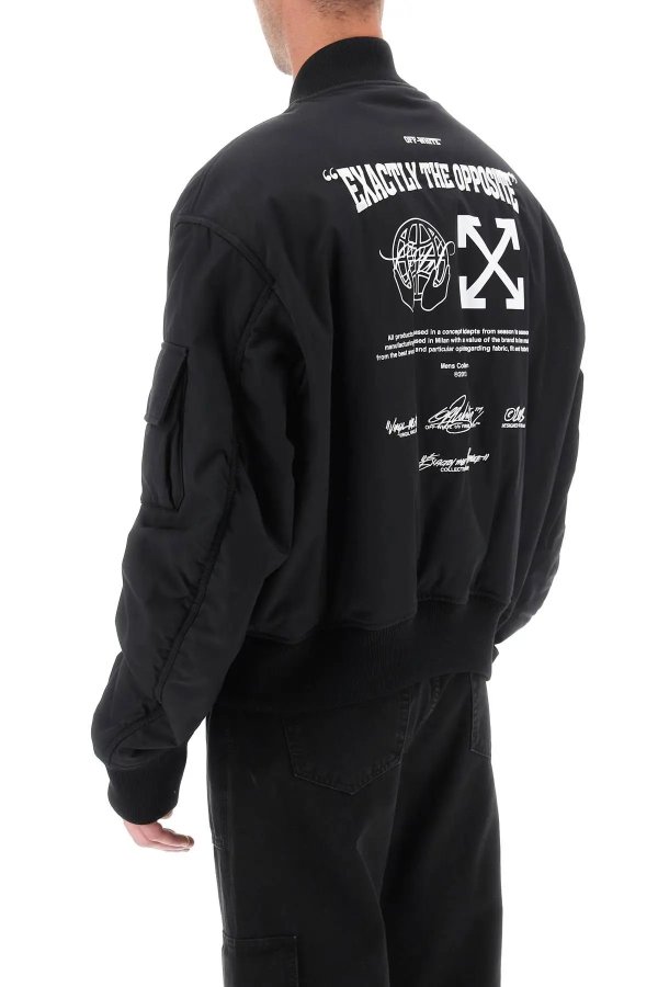 oversized bomber jacket with 'exactly the opposite' motif at back