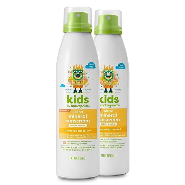 SPF 50 Kids Mineral Sunscreen Continuous Spray, Totally Tropical | UVA UVB Protection | Octinoxate & Oxybenzone Free | Water Resistant, 2 Pack (6 ounce)