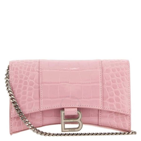Sweet Pink Crocodile-Embossed Leather Hourglass Wallet On Chain