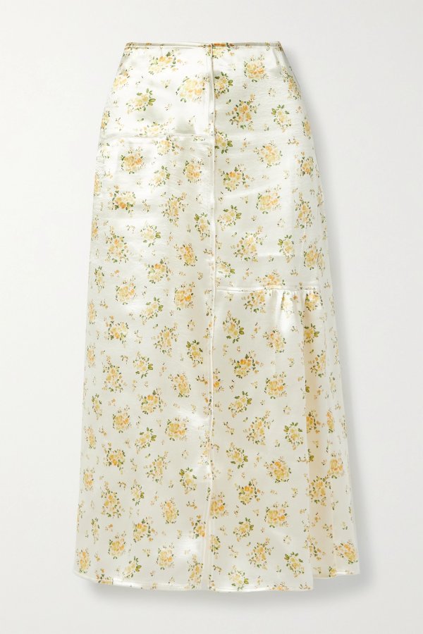 Paneled floral-print crinkled-satin midi skirt