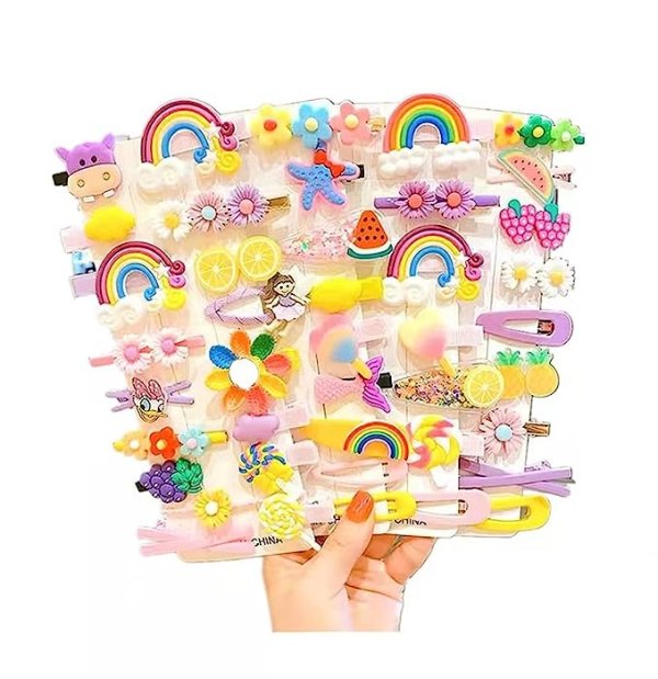 Hairpin Candy-colored kid's hair accessories, flower and fruit, rainbow hairpin set, girl cartoon animal cute hairpin,Package include 42pcs Hair Clips and 10pcs elastic