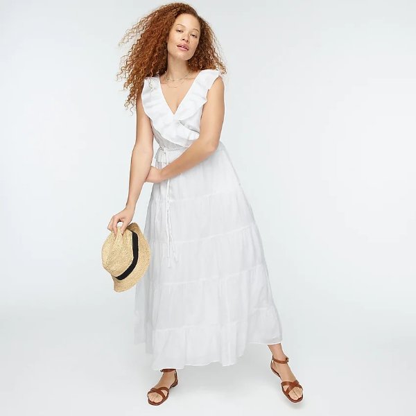 Ruffle-front maxi dress with braided belt