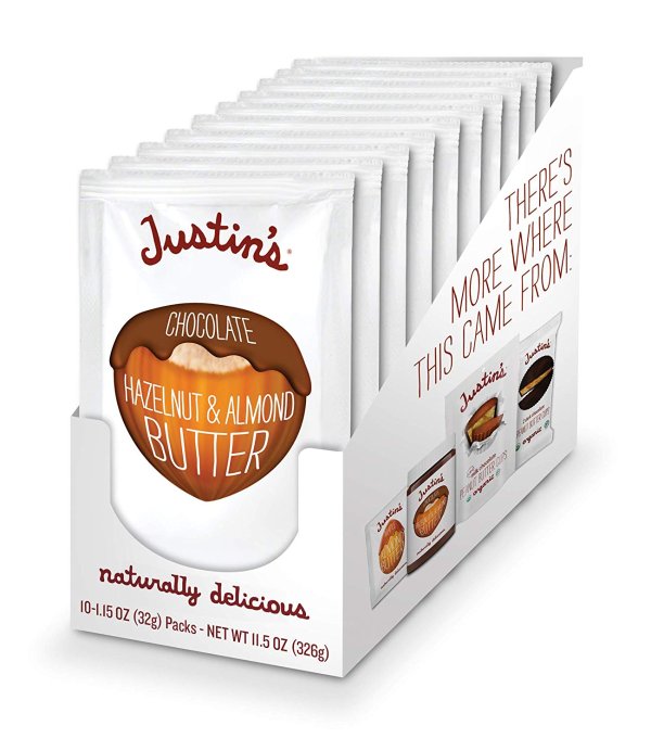 Justin's Nut Butter 巧克力+榛仁+杏仁酱 10包装