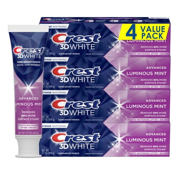 3D White Luminous Mint Teeth Whitening Toothpaste, 3.7 oz, Pack of 4