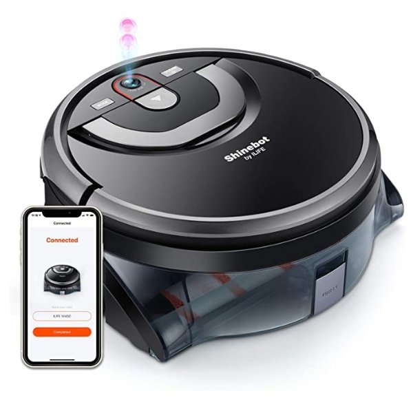 Shinebot W450 Mopping Robot Cleaner, Wet Scrubbing, Floor Washing, Wi-Fi Connected, Works with Alexa, XL Water Tank, Zig-Zag Cleaning Path, Ideal for Hard Floors only.