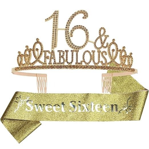 EBE EmmasbyEmma 16th Birthday Sash and Tiara for Girls - Fabulous Set: Glitter Sash + Fabulous Rhinestone Gold Premium Metal Tiara, 16th Birthday Gifts for Sweet 16 Birthday Party