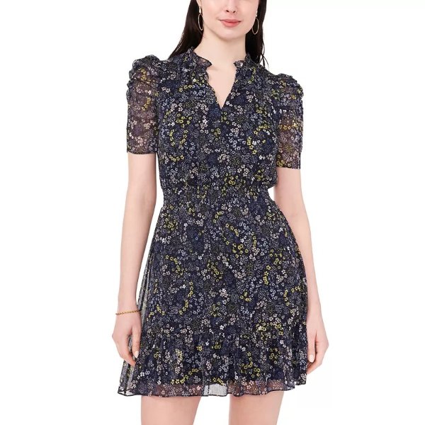 Petite Floral Print Ruched Sleeve Fit & Flare Dress