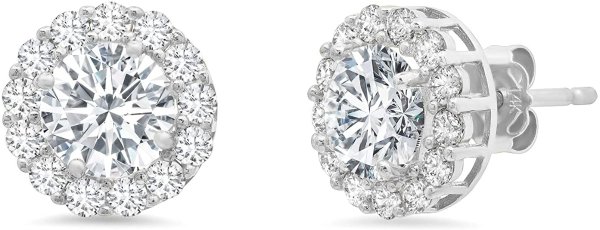 14k Solid White or Yellow Gold Halo Stud Earrings with Genuine Swarovski Zirconia (2.0 CT.TW.)