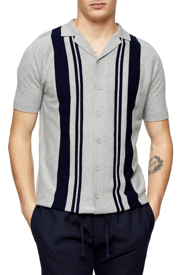 Stripe Revere Collar Short Sleeve Button-Up Sweater
