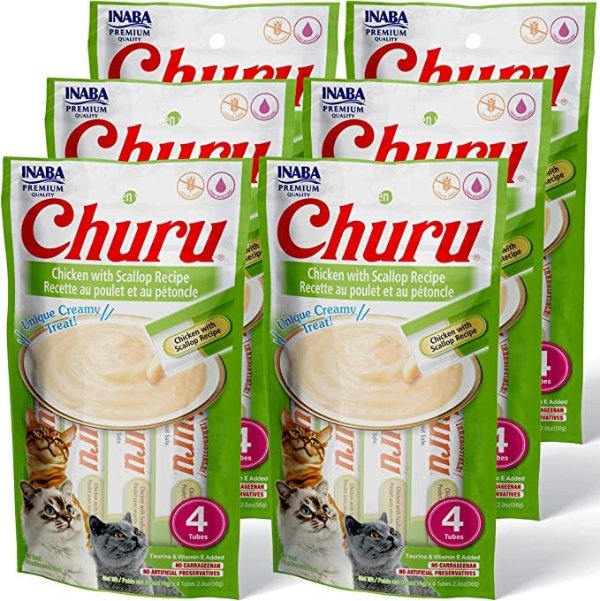Churu Cat Treats, Grain-Free, Lickable, Squeezable Creamy Puree Cat Treat with Taurine & Vitamin E, 0.5 Ounces Each Tube, 24 Tubes Total