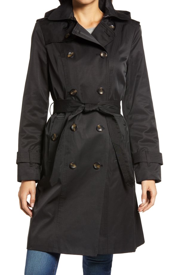 Double Breasted Trench Coat With Removable Hood
