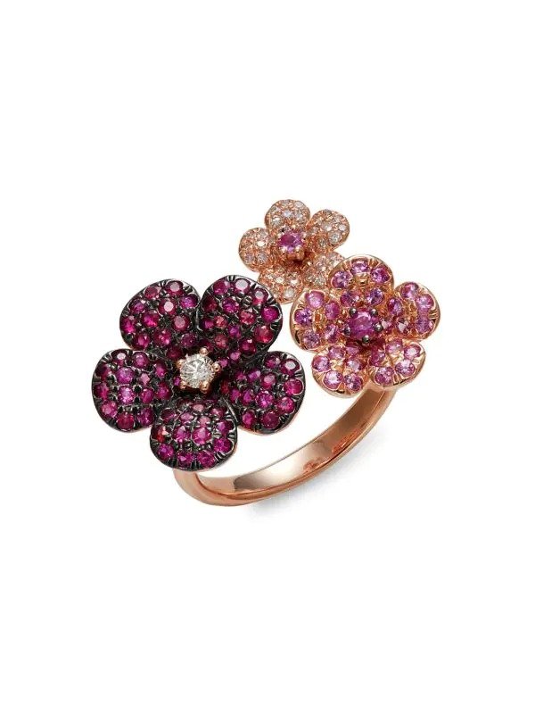14K Rose Gold, Diamond, Ruby & Pink Sapphire Flower Ring